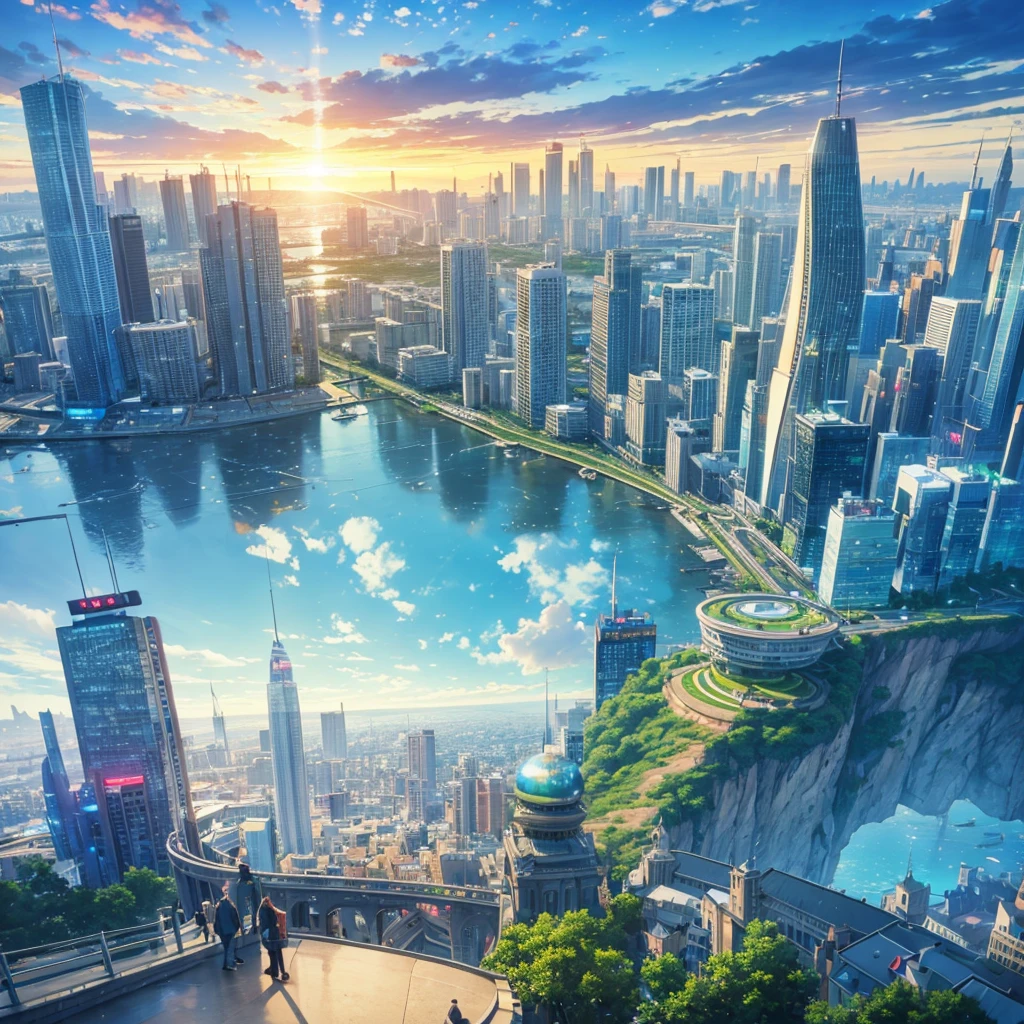 Seaside scenery, Blue sky and clouds、Ultra HD、Ultra-delicate details、(Highest quality,4K,8k,High resolution,masterpiece:1.2),Very detailed,(Realistic,Realistic,Photorealistic:1.37),Future Technology,Huge urban high-tech tablet platform,airship,Floating in the sky,Future City,小さなairshipが周囲に,High-tech hemispherical platform,Colorful lights,High-level architecture,Modern architecture,Access the cloud,Beautiful views,City view,Impressive design,Future Transportation Systems,No Parking,Transparent path,Lush greenery,waterfall,Spectacular Skyline,Reflection on the surface of the water,Shining River,Architectural Innovation,Futuristic skyscrapers,Transparent Dome,Glowing lights,Future Technology,minimalist design,Scenic spots,panoramic,tower that pierces the clouds,Vibrant colors,Spectacular sunrise,Spectacular sunset,Dazzling light display,Magical atmosphere,Future City,Urban Utopia,Luxury Lifestyle,Innovative Energy,Sustainable Development,Smart City Technology,Advanced Infrastructure,Quiet atmosphere,Nature and technology coexist in harmony,Great cityscape,Unprecedented urban planning,Architecture seamlessly connects with nature,,A marvel of cutting-edge engineering,The future of urban living,A visionary architectural concept,Energy-efficient buildings,Harmony with the environment,A city floating above the clouds,Utopian dreams become reality,The possibilities are endless,Cutting-edge transportation network,Green Energy Integration,Innovative Materials,Impressive holographic display,Advanced Communication Systems,Breathtaking aerial views,Quiet and peaceful environment,Modernist aesthetics