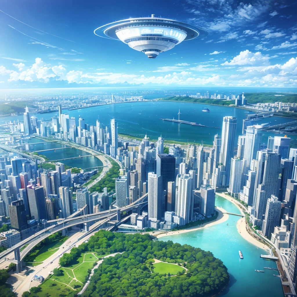 Seaside scenery, Blue sky and clouds、Ultra HD、Ultra-delicate details、(Highest quality,4K,8k,High resolution,masterpiece:1.2),Very detailed,(Realistic,Realistic,Photorealistic:1.37),Future Technology,Huge urban high-tech tablet platform,airship,Floating in the sky,Future City,小さなairshipが周囲に,High-tech hemispherical platform,Colorful lights,High-level architecture,Modern architecture,Access the cloud,Beautiful views,City view,Impressive design,Future Transportation Systems,No Parking,Transparent path,Lush greenery,waterfall,Spectacular Skyline,Reflection on the surface of the water,Shining River,Architectural Innovation,Futuristic skyscrapers,Transparent Dome,Glowing lights,Future Technology,minimalist design,Scenic spots,panoramic,tower that pierces the clouds,Vibrant colors,Spectacular sunrise,Spectacular sunset,Dazzling light display,Magical atmosphere,Future City,Urban Utopia,Luxury Lifestyle,Innovative Energy,Sustainable Development,Smart City Technology,Advanced Infrastructure,Quiet atmosphere,Nature and technology coexist in harmony,Great cityscape,Unprecedented urban planning,Architecture seamlessly connects with nature,,A marvel of cutting-edge engineering,The future of urban living,A visionary architectural concept,Energy-efficient buildings,Harmony with the environment,A city floating above the clouds,Utopian dreams become reality,The possibilities are endless,Cutting-edge transportation network,Green Energy Integration,Innovative Materials,Impressive holographic display,Advanced Communication Systems,Breathtaking aerial views,Quiet and peaceful environment,Modernist aesthetics