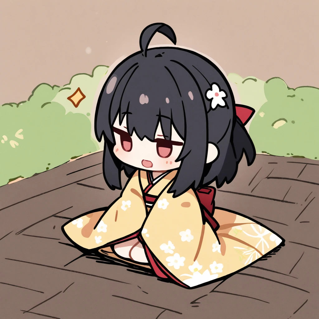 A girl in a kimono bows down on the ground、Chibi Character、Ahoge、Black Hair、