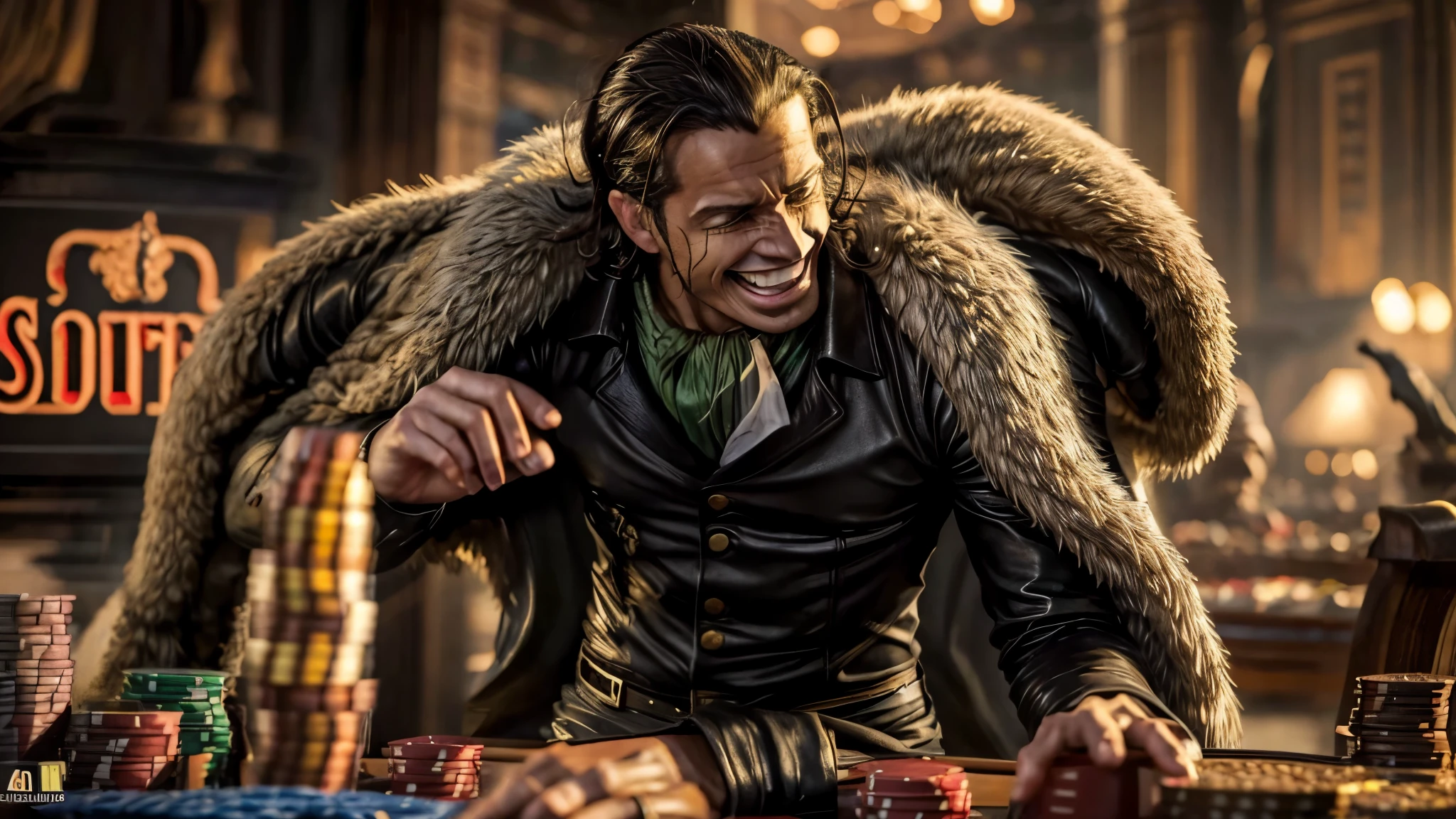 masterpiece, best quality, extremely detailed, hyperrealistic, photorealistic, a cool 40s man, ultra detailed face:1.2, fur-trimmed coat, scarf around the neck, his left hand is a golden pirate hook:1.1, cigar, casino:1.2, slot machines, roulette table, chips piled up on the table, standing, laughing, dynamic angle