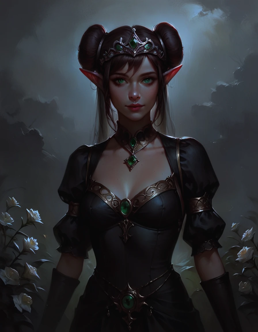 score_9, score_8_above, score_7_above, classification_safe, Conceptual art, realist, Dark theme, low light, 1 girl, Alone, elf, pointy ears, old, by the wide, very by the wide, by white, green eyes, portrait, looking at the viewer, black dress, tiara, payment tiara, tenure, tenure flower, rosa, pink net, collar, jewelry, cowboy shot, standing, outdoor, castillo