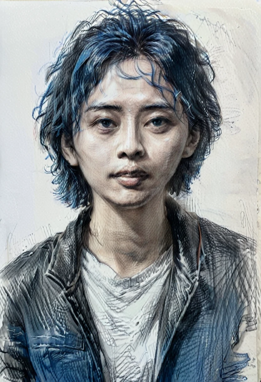 The image depicts a detailed pen sketch of an individual from the shoulders up. The face of the individual is obscured by a solid blue rectangle, making it impossible to identify any facial features. The hair is short and a liitle wavy and convident to look at the cam, The individual is wearing what seems to be a  leather jacket, also rendered in fine lines that suggest folds and creases in the fabric. ,wongapril,pencil sketch,more detail XL