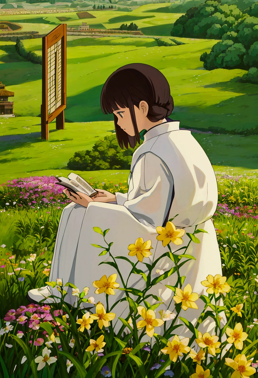 arafed woman sitting in a field of flowers reading a book, white hanfu, palace ， a girl in hanfu, girl sitting in a flower field, by Yang J, sitting in a field of flowers, in a field of flowers, in a cottagecore flower garden, hanfu, in a field with flowers, girl in flowers