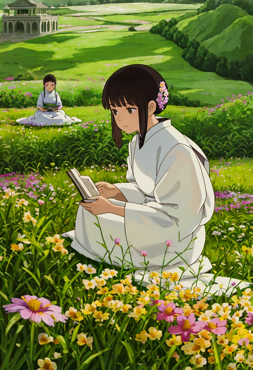 arafed woman sitting in a field of flowers reading a book, white hanfu, palace , a girl in hanfu, girl sitting in a flower field, by Yang J, sitting in a field of flowers, in a field of flowers, in a cottagecore flower garden, hanfu, in a field with flowers, girl in flowers