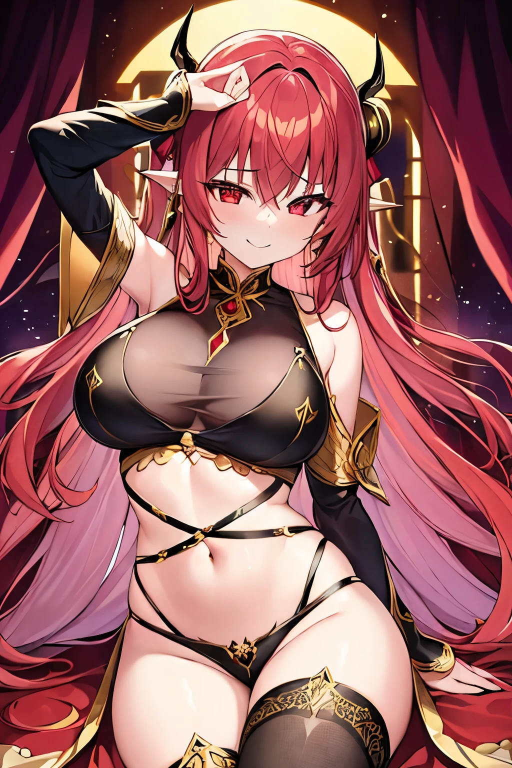 1 girl、Golden long hair、Fantasy、goddess、Black clothing、Gold decoration、Aggressive design、Bigger breasts、Expose、Shameless、Provocative、Fan、Lust、smile、Red Eyeake a Deal with the Devil)、Devil horns、Devil's Wings