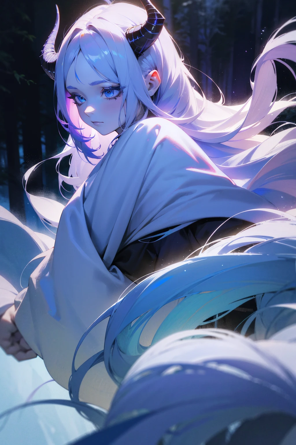1girl, pale skin, delicate ice-blue demon horns, long lavender hair, flowing hair, walking through snowy forest, small creatures following, glowing softly, twilight, (best quality,4k,8k,highres,masterpiece:1.2),ultra-detailed,fantasy,cinematic lighting,dramatic chiaroscuro,highly detailed face and eyes,intricate details