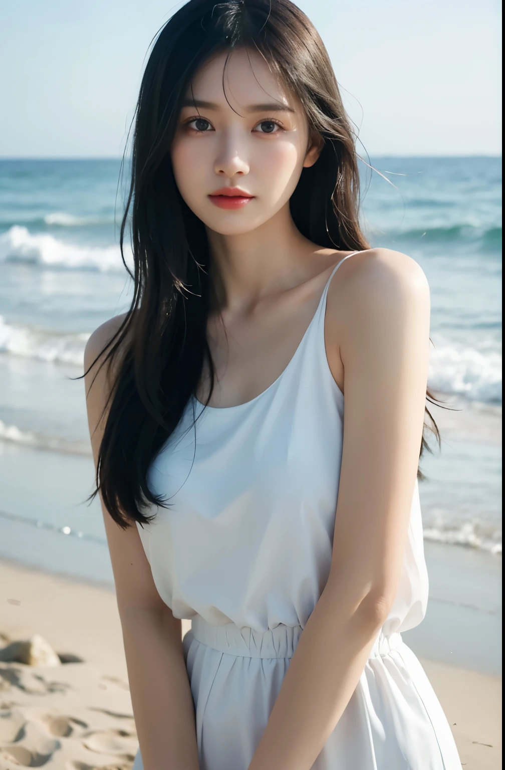 A photorealistic image of a young woman with long wet black hair and soft, radiant skin, standing on a beach during a misty morning. she wearing white tanktop with water droplets on her skin, big eyes, black eye,shighlighting her delicate features. Her deep eyes and subtle makeup enhance her natural beauty, complemented by the serene, soft blue background of the sea and sky. The atmosphere is tranquil and slightly moody.