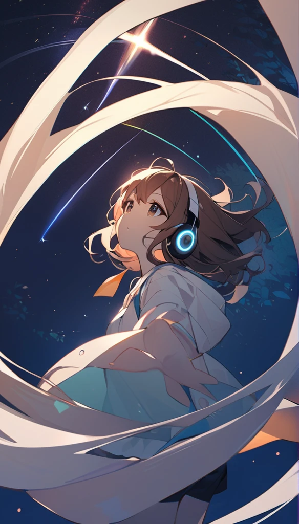 Girl wearing headphones。Brown Hair。1 person。bright。Looking up at the summer night sky、A girl wearing headphones reaching for a shooting star。