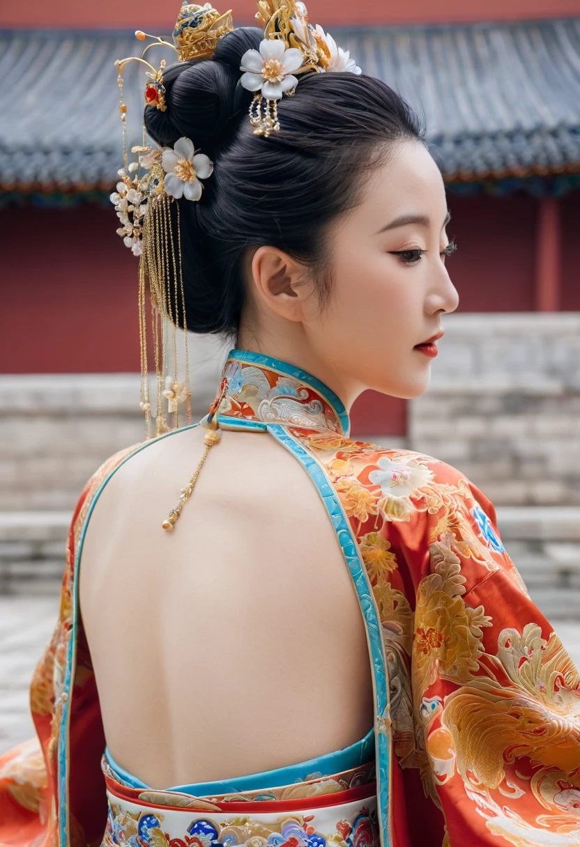 A side view of a Chinese empress on all fours, a close-up of her buttocks. The background is the stone paving outside the Chinese palace of the Qing dynasty. She is on all fours, with her hands on her chest, her big buttocks exposed, her thighs sticking out, her legs open and touching the ground, she is not wearing underwear, her buttocks sticking out are floating up. Her hair was decorated with a large empress crown and large hair ornaments with flashy flowers. The back of the hair is tied up and up. Erotic Woman