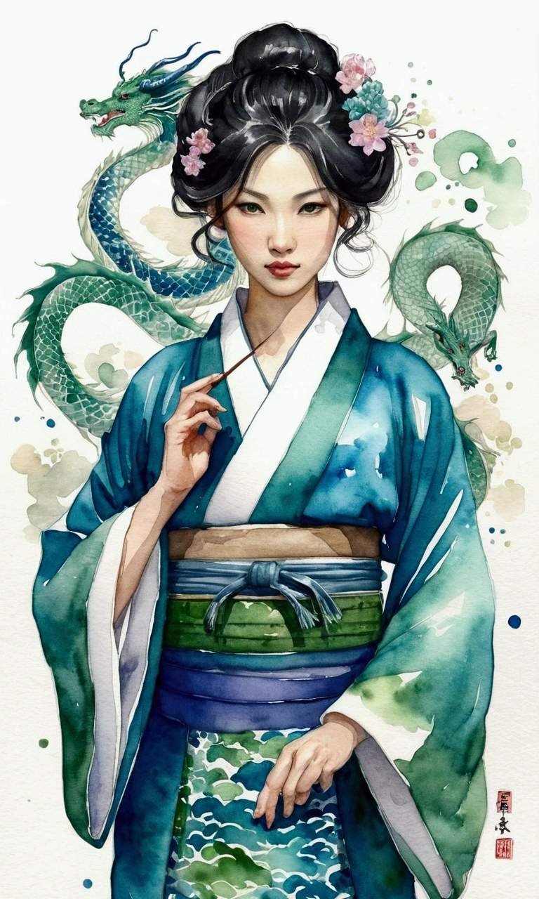 kimonoを着たとても綺麗なJapanese womenが大きなBlue-green dragonに乗って飛んでいる　Watercolor　Ink illustration　spiritual　Japanese Dragon　Blue-green dragon　kimono　Japanese women　Chen　Chen年　