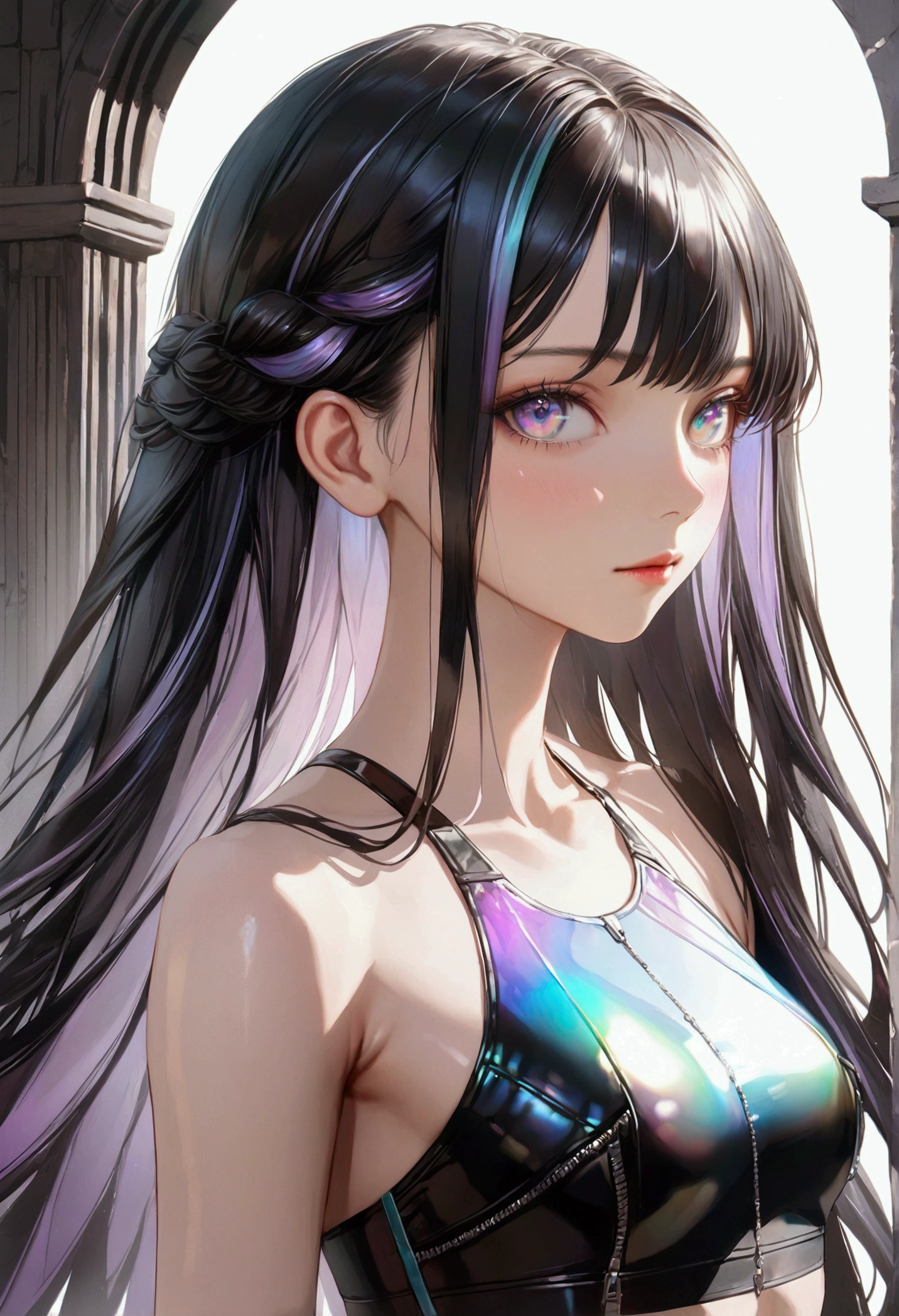 A girl with long black hair with dark iridescent peekaboo highlights, iridescent eyes, fair skin tone, slender and athletic built, detailed hair, detailed body, best quality, aesthetic,8k,realistic
