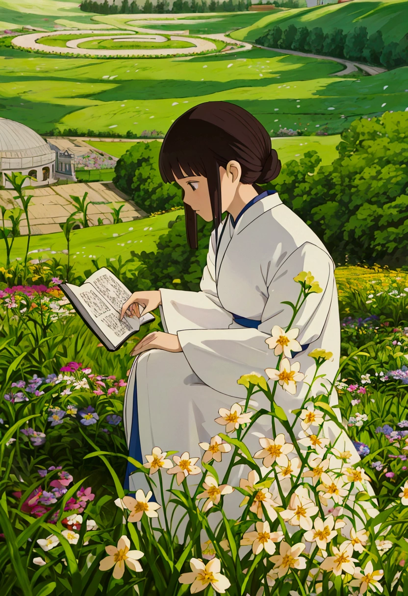 arafed woman sitting in a field of flowers reading a book, white hanfu, palace , a girl in hanfu, girl sitting in a flower field, by Yang J, sitting in a field of flowers, in a field of flowers, in a cottagecore flower garden, hanfu, in a field with flowers, girl in flowers