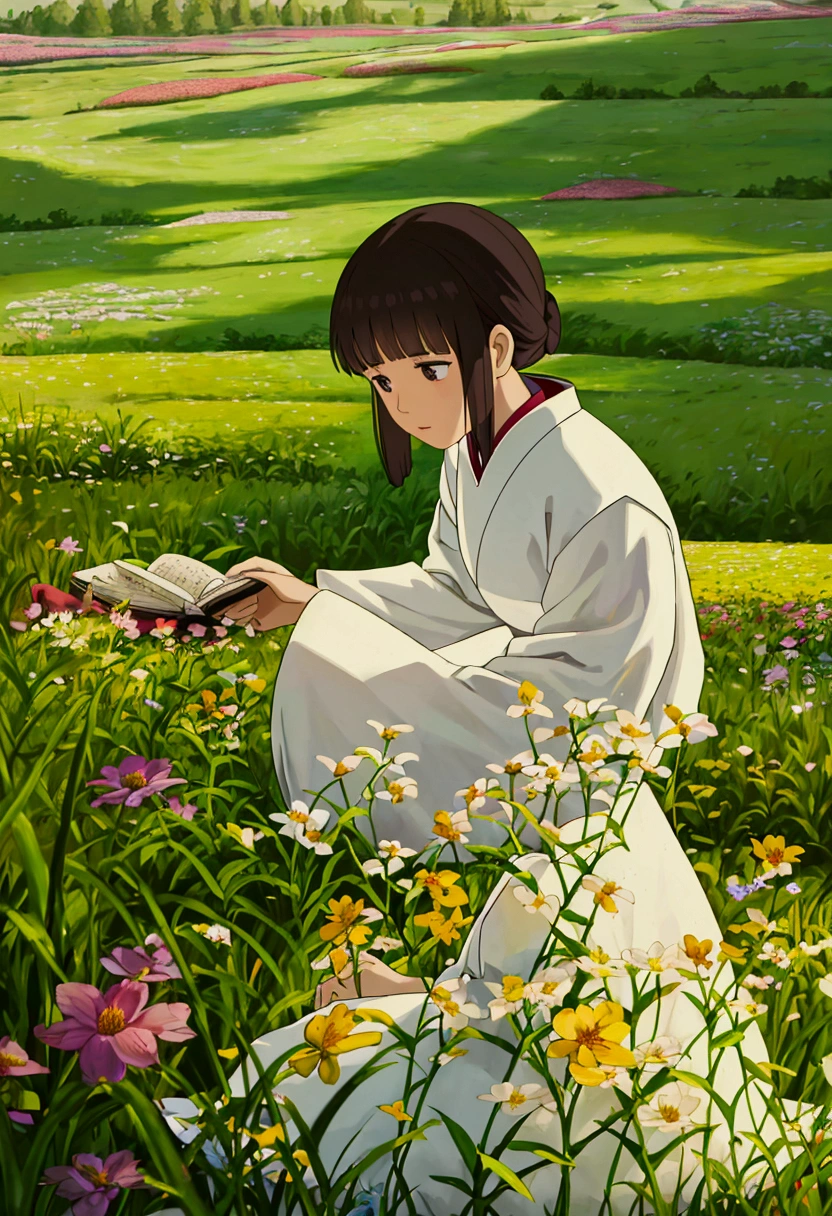 arafed woman sitting in a field of flowers reading a book, white hanfu, palace ， a girl in hanfu, girl sitting in a flower field, by Yang J, sitting in a field of flowers, in a field of flowers, in a cottagecore flower garden, hanfu, in a field with flowers, girl in flowers