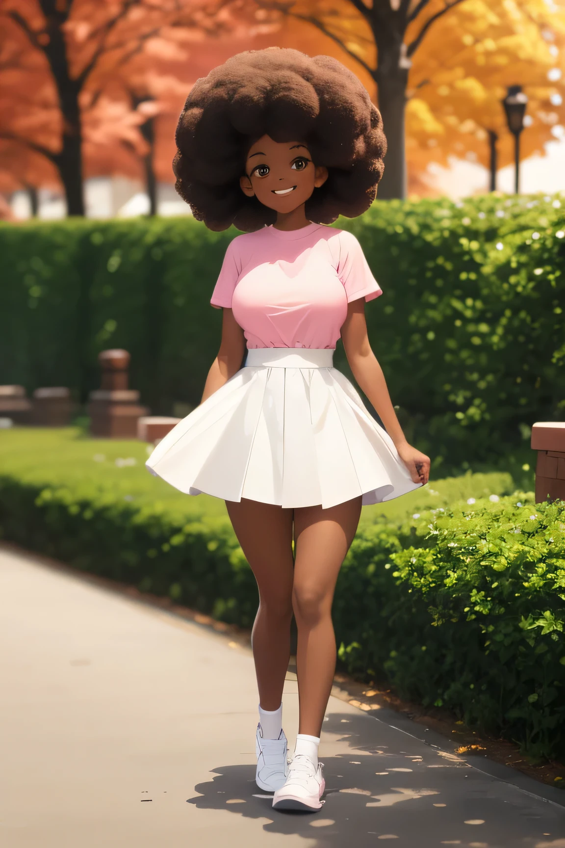 (1 , alone) , 10 years, big breasts, Big Hips, brown skin, Sponge Afro Hair, White shirt, Pink Short Skirt, White shoes with black socks, smiling, Colorful Park Background