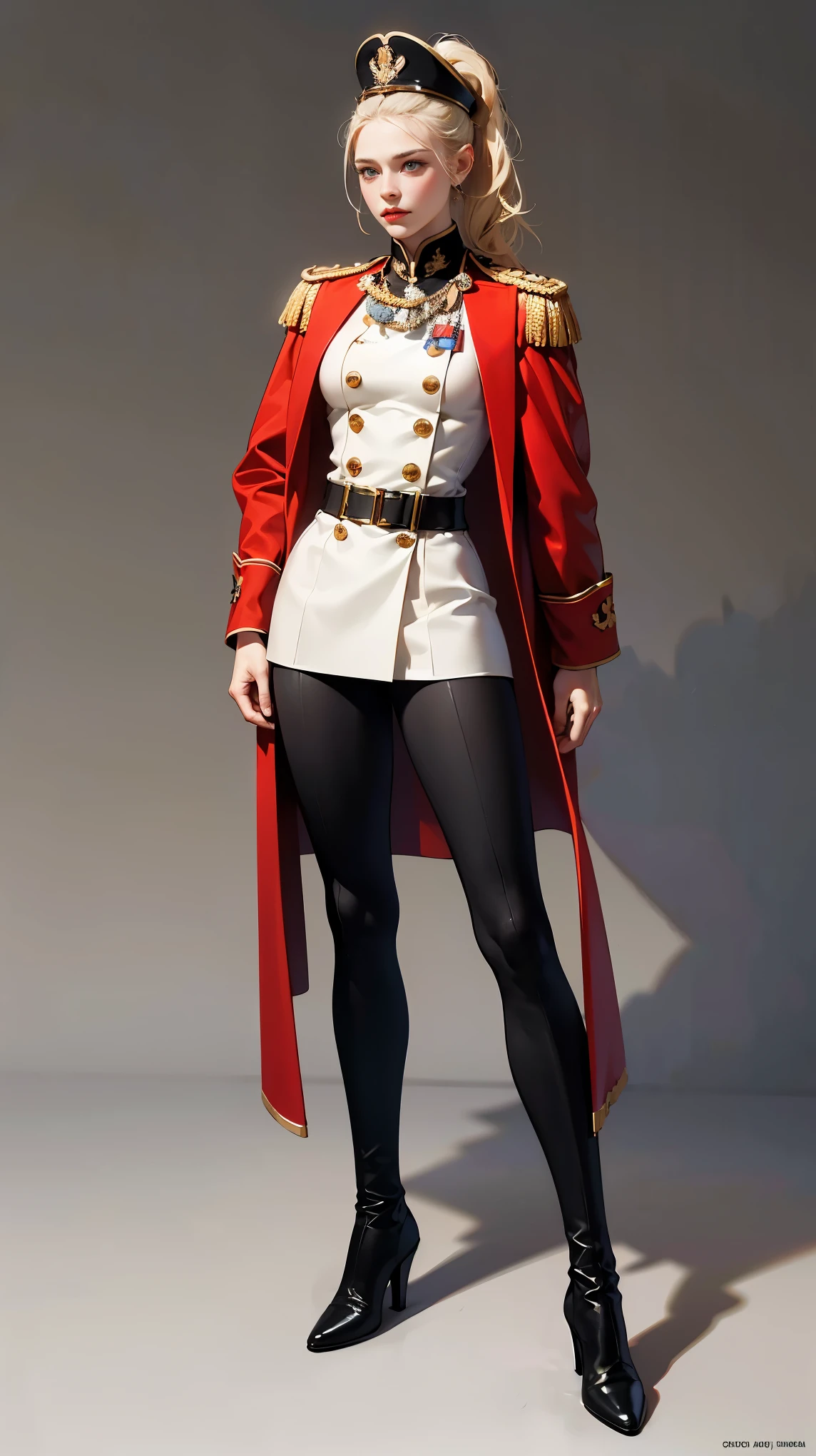 (Best quality, 4K, high resolution, masterpiece, ultra-detailed, realistic anatomy, photo-realistic:1.37), araffe attractive young woman, senior military officer, (wearing Prussian Hussar uniform), (light gray double breasted blazer jacket), (black pencil skirt), (Prussian Deaths Head cap), (black stocking and heel boots), blonde hair, high ponytail hair style, standing confidently, This full-body portrait captures her strength and authority, with sharp focus on her uniform's details and her commanding gaze, The image evokes an aura of discipline and respect, set against a military backdrop,