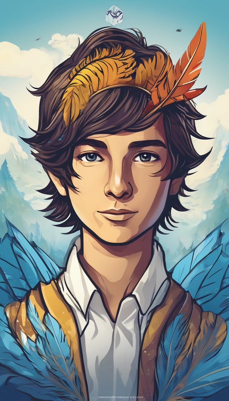 Create a minimalistic, simple, fantastic, easy to understand, logo design of a boy and a feather for an upcoming Fantasy Role Playing Game called " Penamemoria". The game is about a world full of bird and feathers. A boy enters that world and discovers his true artistic identity. Create a logo design that transmits the essence of this videogame. It´s a fantasy game, with fantasy elements. Create the logo in the center and a fantasy theme as background. Use the colours light blue, white, yellow golden in the logo. The logo design must convey a sense of fantasy, dreams, memories and music. Must convey a feeling of being a true Dreamer