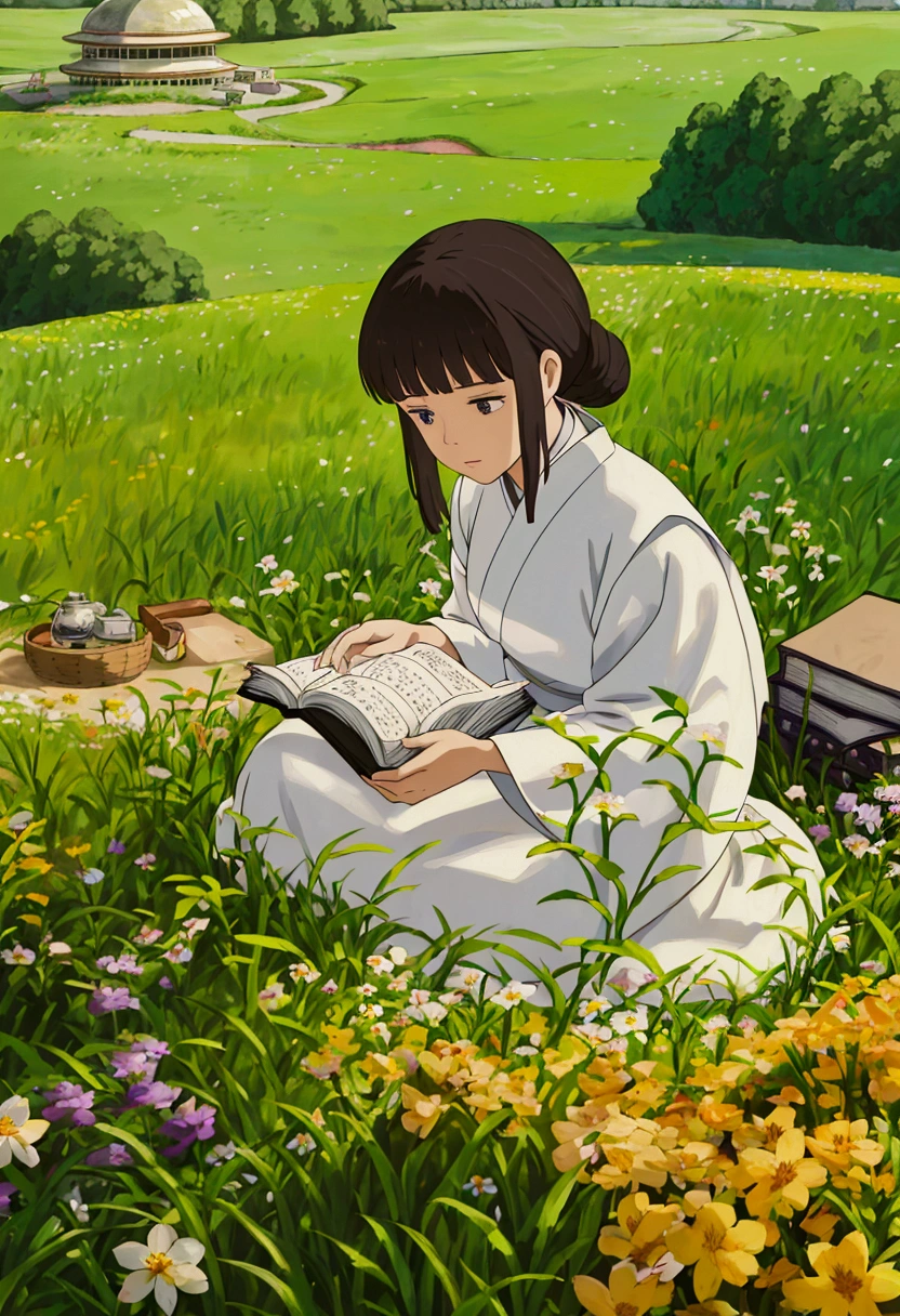 arafed woman sitting in a field of flowers reading a book, white hanfu, palace , a girl in hanfu, girl sitting in a flower field, by Yang J, sitting in a field of flowers, in a field of flowers, in a cottagecore flower garden, hanfu, in a field with flowers, girl in flowers