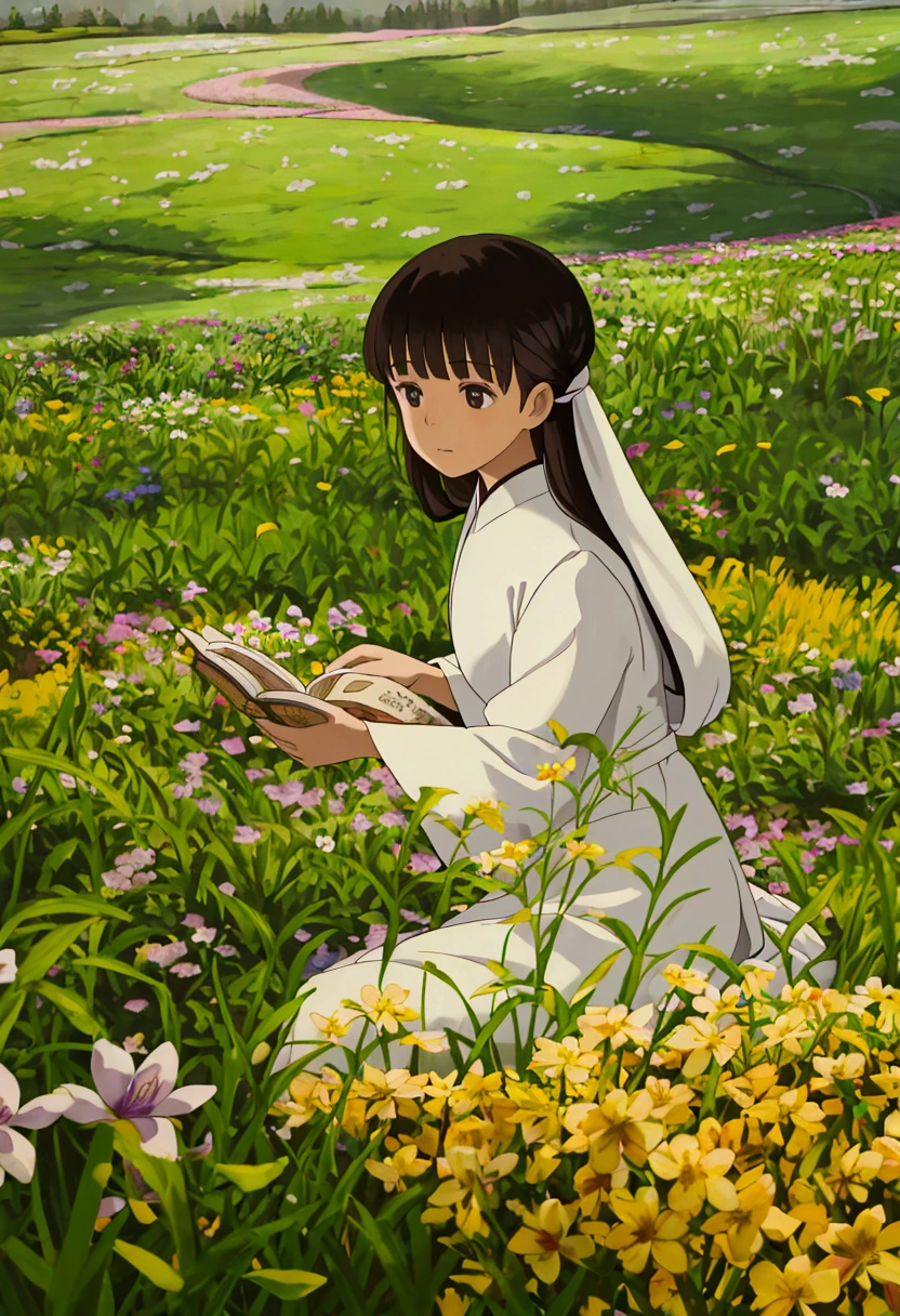 arafed woman sitting in a field of flowers reading a book, white hanfu, palace ， a girl in hanfu, girl sitting in a flower field, by Yang J, sitting in a field of flowers, in a field of flowers, in a cottagecore flower garden, hanfu, in a field with flowers, girl in flowers