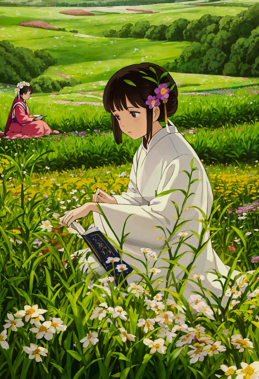 arafed woman sitting in a field of flowers reading a book, white hanfu, palace ， a girl in hanfu, girl sitting in a flower field, by Yang J, sitting in a field of flowers, in a field of flowers, in a cottagecore flower garden, hanfu, in a field with flowers, girl in flowers