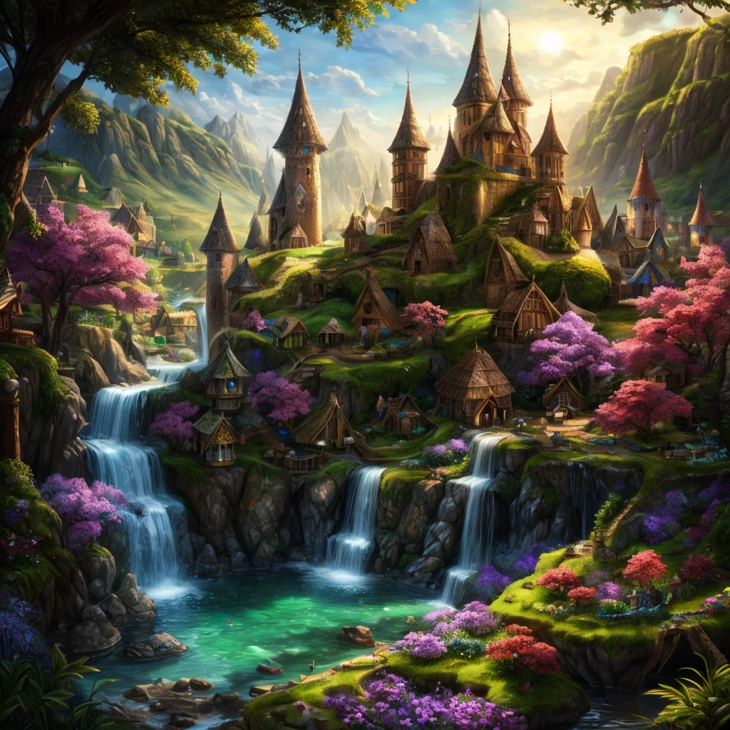 a magical village with a magical tree in the center, dragons living in the village, beautiful detailed eyes, beautiful detailed lips, extremely detailed eyes and face, long eyelashes, high quality, 4k, 8k, hyperrealistic, photorealistic, masterpiece, ultra-detailed, realistic, vivid colors, dramatic lighting, fantasy landscape, concept art