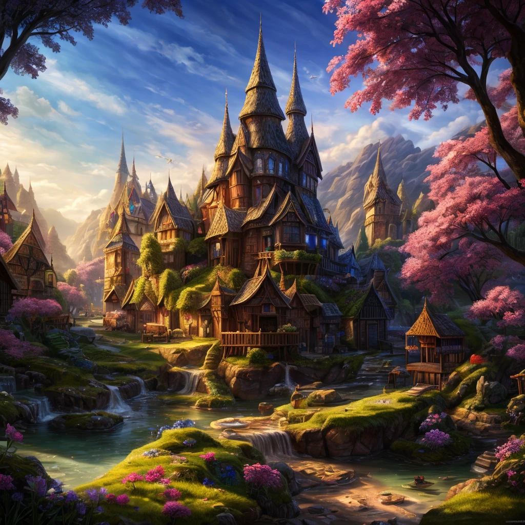 a magical village with a magical tree in the center, dragons living in the village, beautiful detailed eyes, beautiful detailed lips, extremely detailed eyes and face, long eyelashes, high quality, 4k, 8k, hyperrealistic, photorealistic, masterpiece, ultra-detailed, realistic, vivid colors, dramatic lighting, fantasy landscape, concept art