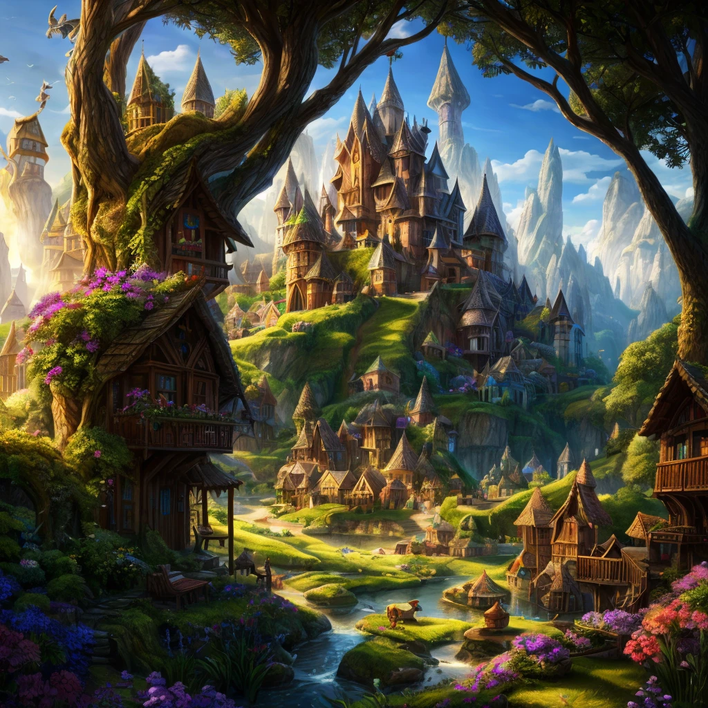 a magical village with a magical tree in the center, dragons living in the village, beautiful detailed eyes, beautiful detailed lips, extremely detailed eyes and face, long eyelashes, high quality, 4k, 8k, hyperrealistic, photorealistic, masterpiece, ultra-detailed, realistic, vivid colors, dramatic lighting, fantasy landscape, concept art