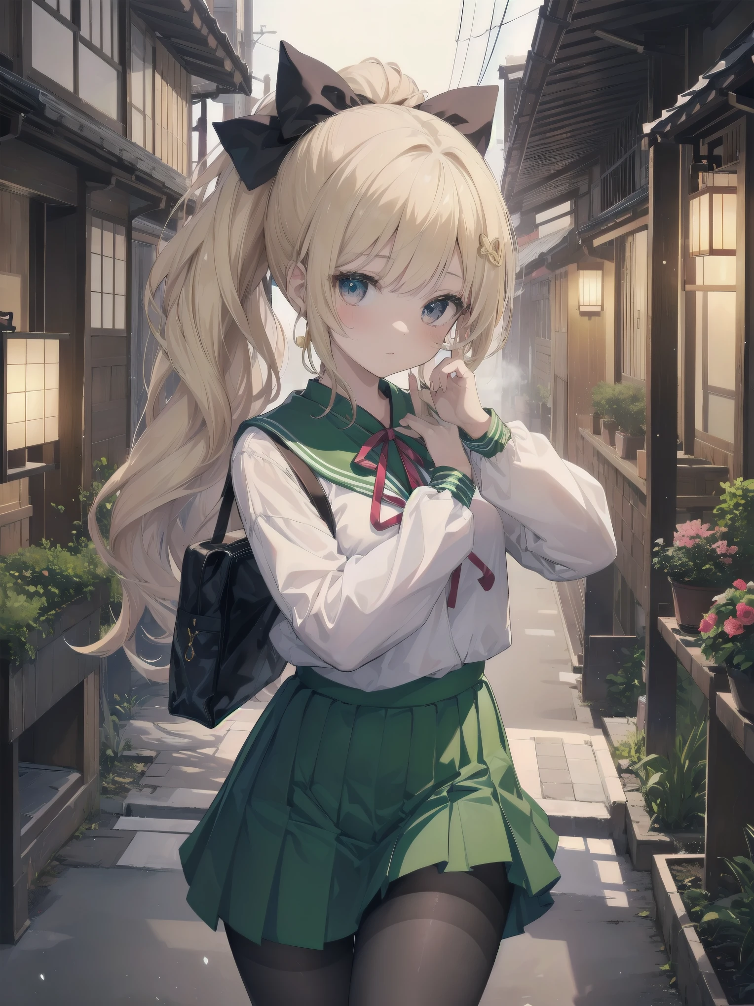 Masterpiece, illustration, super detailed, kawaii, one girl, 独奏, slender old, Japanese girl, chou chou, ribbon, nape of neck, low ponytail, cute pose in Less revealing attire, (green sailor outfit, two gold lines), large gold ribbon, priss skirt, black pantyhose, , Long Sleeves, White innerwear for sailor suit, living room, cowgirl shot, sfw, dynamic angle、Close-up on the characters、(building, city、A dense fog of fluorescent particles、1800Era、Japanese Style、Fiction、grow、Overwhelming、Detailed street)、A beautiful girl with a beautiful background and a super cute pose