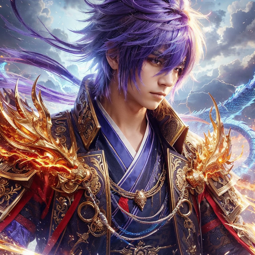 A handsome emo man with purple hair ending in blue as Dragon Warrior, Dragon Warrior Iron, wearing a complex Chinese battle dress, like anime dynasty warriors, Gold Zhou yun, red Lu bu, Silver Yukimura, thundering sky, Anime-Semi realism, intense energy rays, bold high contrast colors, young emo Anime 4K, Dragon Warrior Shield, POV, Low Angle Camera, and there are letters with the inscription of the name on it, "Danu", in gold fire, Human Reality.
Yg ini