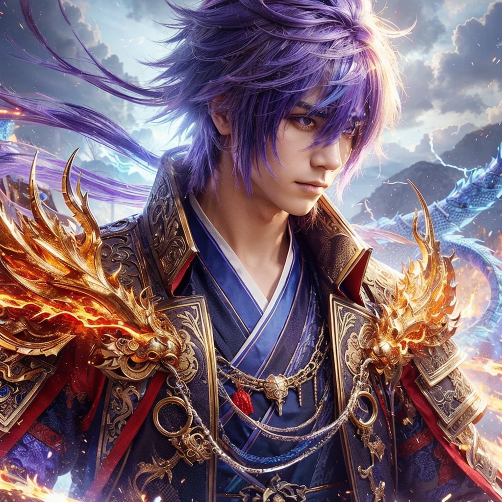 A handsome emo man with purple hair ending in blue as Dragon Warrior, Dragon Warrior Iron, wearing a complex Chinese battle dress, like anime dynasty warriors, Gold Zhou yun, red Lu bu, Silver Yukimura, thundering sky, Anime-Semi realism, intense energy rays, bold high contrast colors, young emo Anime 4K, Dragon Warrior Shield, POV, Low Angle Camera, and there are letters with the inscription of the name on it, "Danu", in gold fire, Human Reality.
Yg ini
