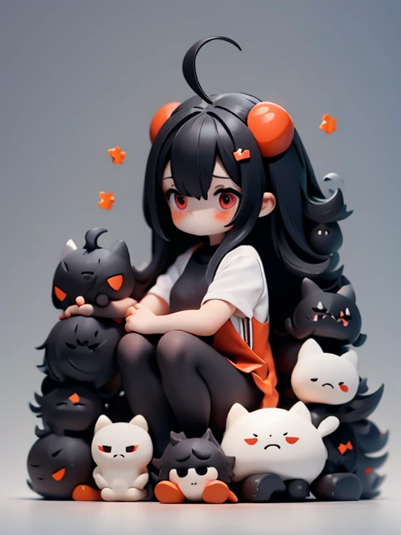 Young Girl,,Wearing a one-piece dress,Mini character,Red eyes,Black Hair,Long Hair,Dark atmosphere,Deformed character,Horns growing,Ahoge,