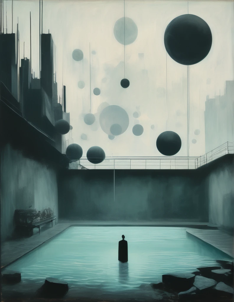 A solitary figure is perched on the rim of a pool, characterized by stark, monochromatic lines and defined by flat, geometric shapes. Suspended in the water, a collection of fish and orbs echo the graphic quality of the setting. The atmosphere is illuminated by a stark, high-contrast light, evoking the aesthetic of early 20th century German Expressionism. An underlying sense of discipline and structure pervades the scene, while the mysterious presence of the floating objects suggests a surreal, dreamlike narrative