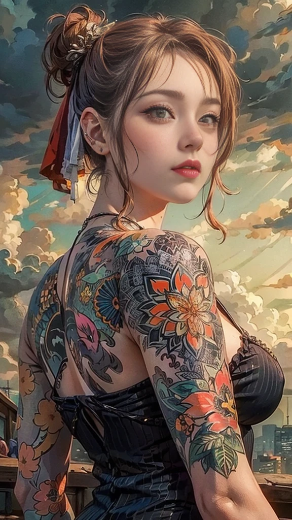 the spirit of Halloween in the form of a beautiful black woman, ( black and orange flowing hair, highly detailed face, medium_breast, ample hips, insanely detailed accentuated big booty, wearing gothic attire), the style of neo-traditoional Japanese, Magali Villeneuve, urban and edgy, extremely detailed, xiaofei Yue, dark crimson and orange, anime-inspired, traincore, --niji 5