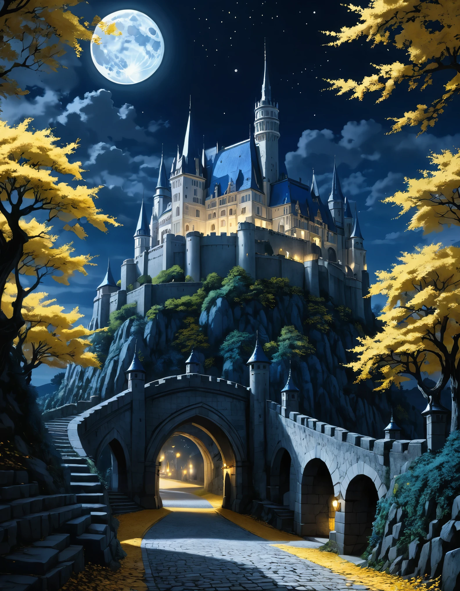 anime aestetics, anime scenery, gigantic blue moon over the castle, capital of ashes, stone roads, tall white stone buildings, beautiful architecture, elden ring capital, night, fullmoon, tall trees with silver leaves, elden ring scenery, gigantic structure, medieval capital, dark fantasy setting, dark night, grey yellow an blue colours, atmospheric perspective, perspective, wide shot, from side, 4K, 8k, highres, best quality, award winning, super detail, accurate, masterpiece, UHD