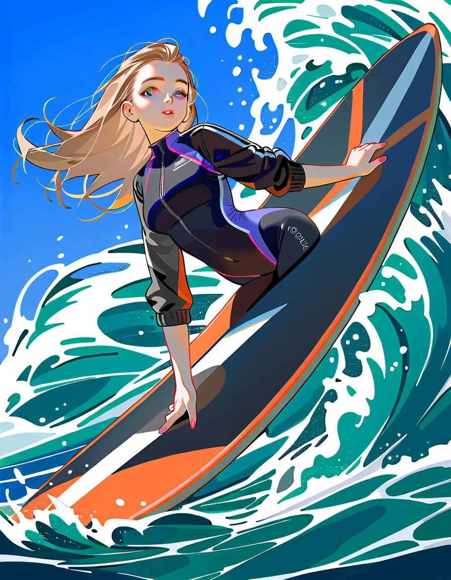 score_9、score_8_top、score_7_top、score_6_top、score_5_top、score_4_top、beautiful young woman in fashionable wetsuit, standing on surfboard balancing on big big waves, pipeline
