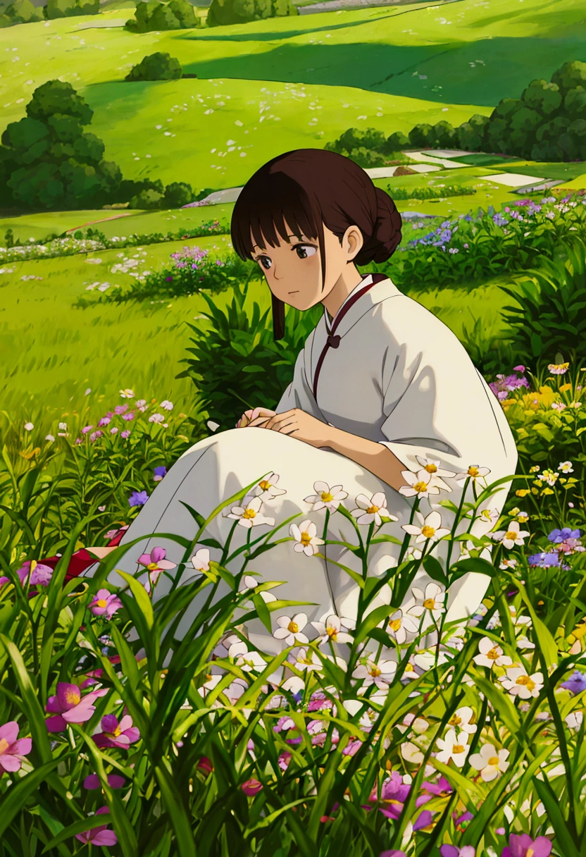 arafed woman sitting in a field of flowers reading a book, white hanfu, palace ， a girl in hanfu, girl sitting in a flower field, by Yang J, sitting in a field of flowers, in a field of flowers, in a cottagecore flower garden, hanfu, in a field with flowers, girl in flowers