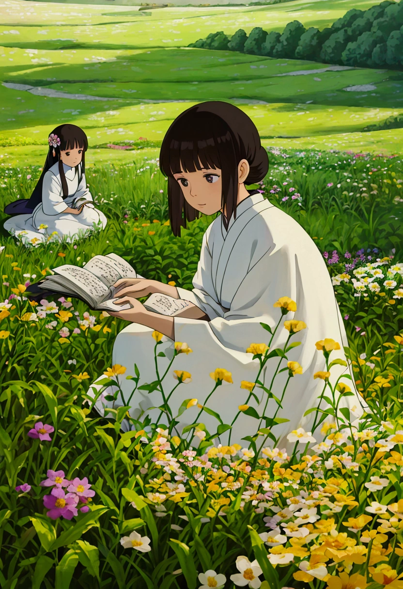 arafed woman sitting in a field of flowers reading a book, white hanfu, palace , a girl in hanfu, girl sitting in a flower field, by Yang J, sitting in a field of flowers, in a field of flowers, in a cottagecore flower garden, hanfu, in a field with flowers, girl in flowers