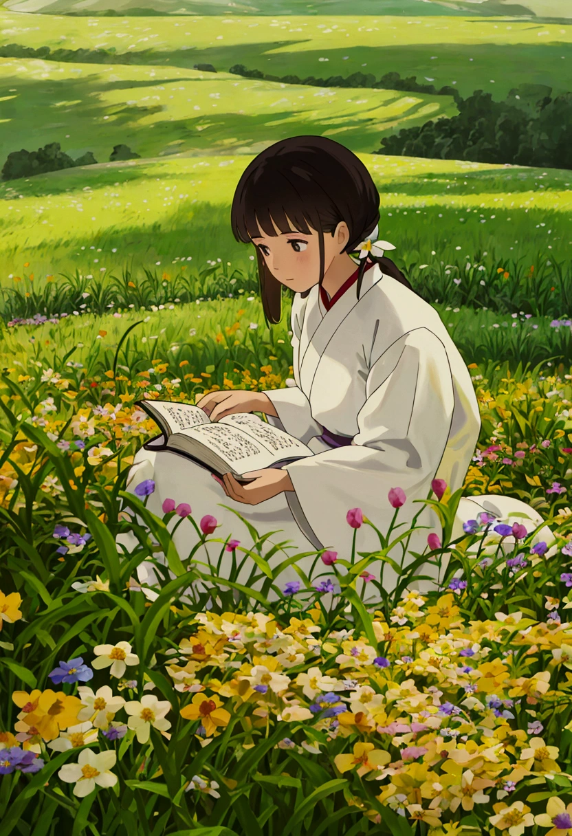 arafed woman sitting in a field of flowers reading a book, white hanfu, palace , a girl in hanfu, girl sitting in a flower field, by Yang J, sitting in a field of flowers, in a field of flowers, in a cottagecore flower garden, hanfu, in a field with flowers, girl in flowers