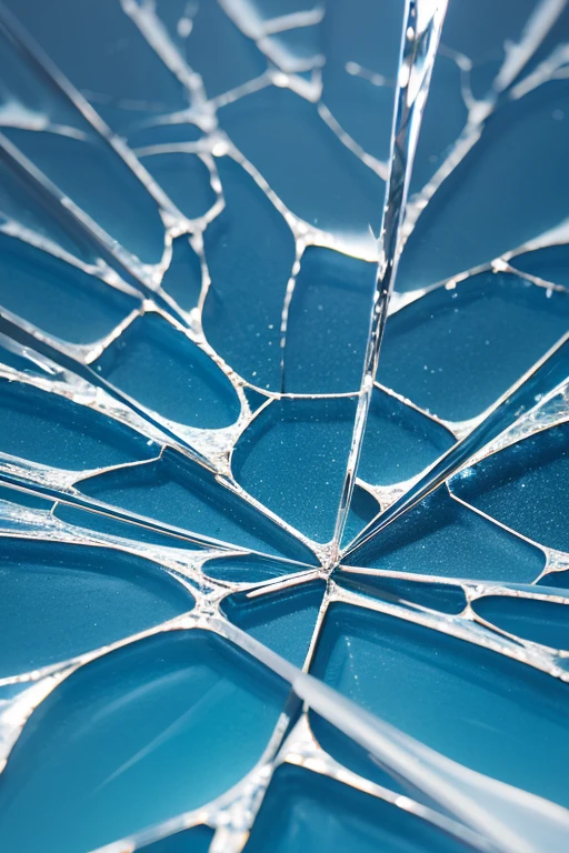 A glass-like acrylic surface with a smooth, translucent texture. The surface is hit at a point, creating intricate cracks and spiderweb-like fractures spreading out from the impact. The cracks are sharp and clear, showcasing the brittleness of the material. The background has a light blue to clear gradient, enhancing the transparency and depth of the glass texture with subtle light reflections and shadows.
