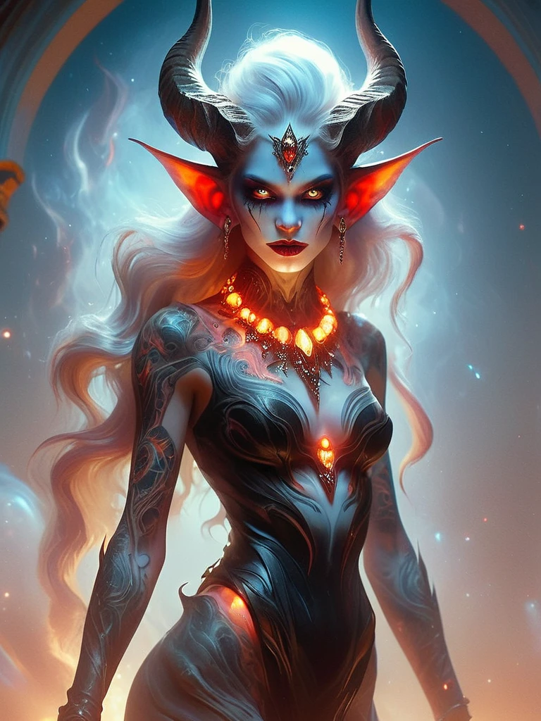 (Best Quality, 4K, High Resolution, Masterpiece: 1.2), Realistic, Portrait, Detailed Facial Expressions, Terrifying Demon with 10 Beautiful Girls' Faces on her Body, Otherworldly, Unique and unforgotten thing, each girl's face sings: devilish features, pale skin with an ethereal glow, sharp fangs, piercing eyes with bright colors, silvery-white flowing hair, fierce expressions, and long, slender necks. The girl's face is uniquely decorated with intricate tattoos, her elongated limbs, and adorned with delicate jewels. Stylized devil's horns, nebula-filled space background, casting subtle shadows on the devil's skin, contrast of darkness and light, translucent wings, spread gracefully behind the devil, both beautiful and Creates an atmosphere. threat. A lewd smile that invites the viewer to have sex, Shark-like teeth peek out from between the lips, the most beautifuk face in the universe, beautiful nipples, (NSFW:1.3)