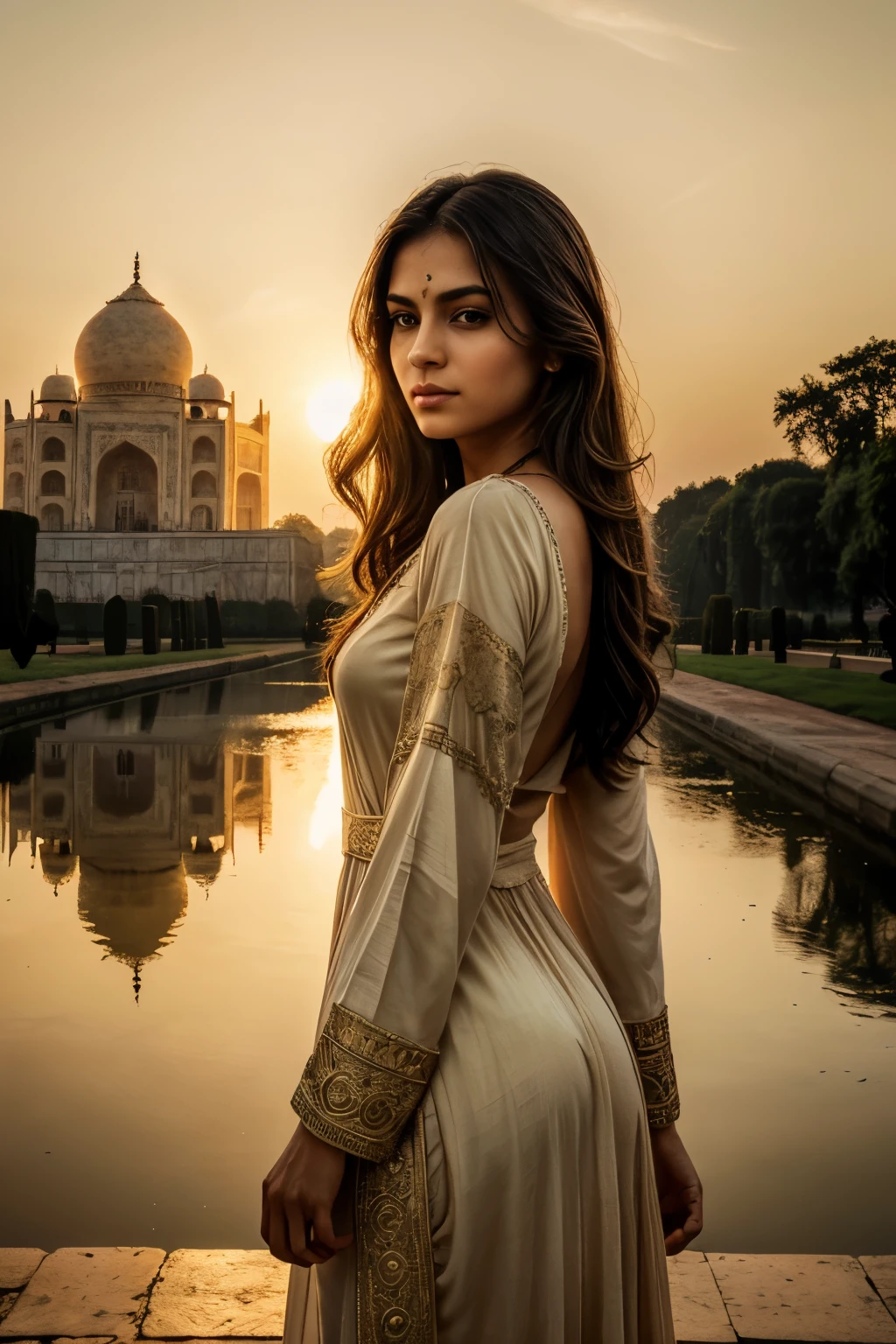 A stunning Indian woman, standing in front of the Taj Mahal at sunset. A graceful Indian woman, intricate jewelry, stands before the iconic Taj Mahal. Her ageless beauty is accentuated by the golden sunset casting long shadows across the ancient monument. With one hand rested on her hip, she gazes softly at the monument, her deep, almond-shaped eyes reflecting the warm hues of the setting sun. Her long, dark hair cascades down her back in loose waves, playing with the breeze. The intricately carved marble walls of the Taj Mahal serve, beautiful face, detailed eyes, detailed nose, detailed lips, long eyelashes, beautiful skin, gentle expression, elegant dress, (best quality,4k,8k,highres,masterpiece:1.2),ultra-detailed,(realistic,photorealistic,photo-realistic:1.37),intricate details, soft lighting, warm colors, cinematic composition, portrait
