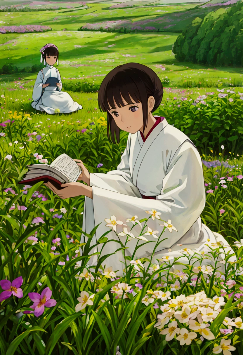 arafed woman sitting in a field of flowers reading a book, white hanfu, palace , a girl in hanfu, girl sitting in a flower field, by Yang J, sitting in a field of flowers, in a field of flowers, in a cottagecore flower garden, hanfu, in a field with flowers, girl in flowers