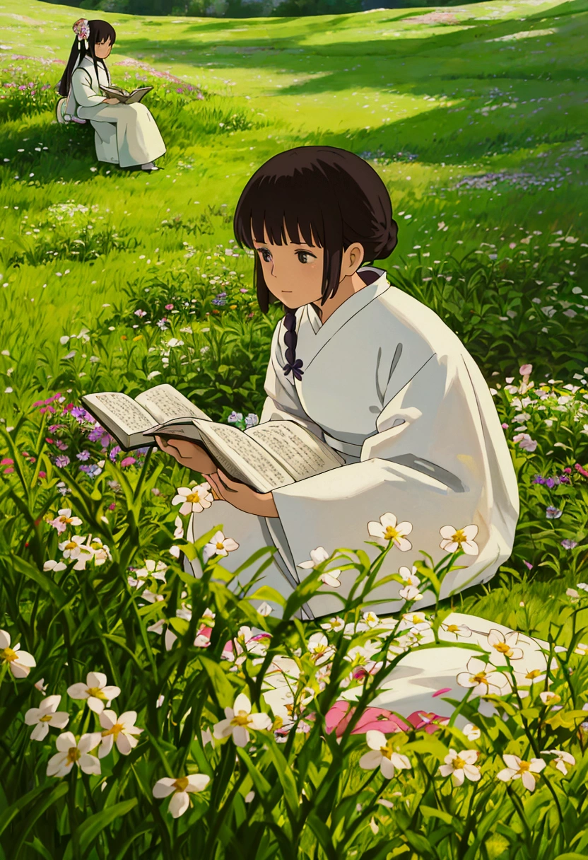 arafed woman sitting in a field of flowers reading a book, white hanfu, palace ， a girl in hanfu, girl sitting in a flower field, by Yang J, sitting in a field of flowers, in a field of flowers, in a cottagecore flower garden, hanfu, in a field with flowers, girl in flowers