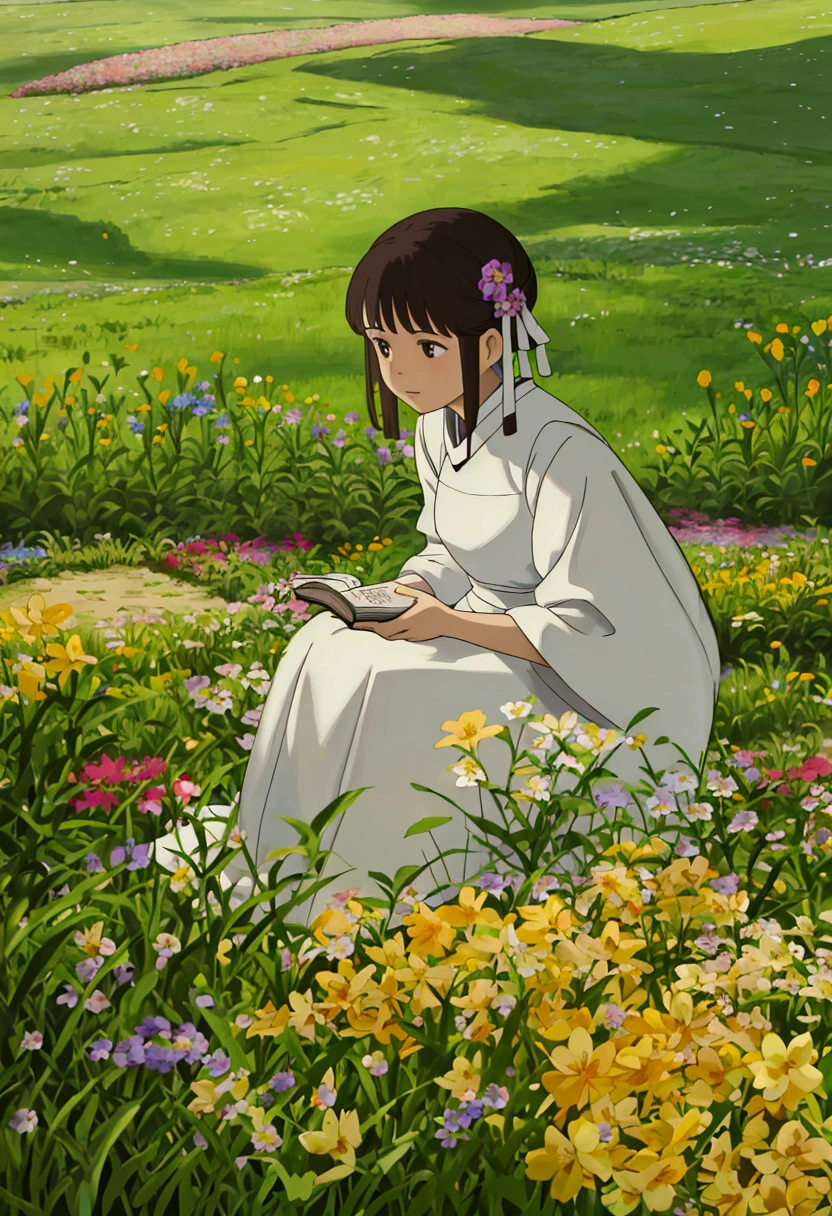 arafed woman sitting in a field of flowers reading a book, white hanfu, palace ， a girl in hanfu, girl sitting in a flower field, by Yang J, sitting in a field of flowers, in a field of flowers, in a cottagecore flower garden, hanfu, in a field with flowers, girl in flowers