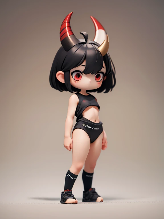 Young Girl,,Mini character,Red eyes,Black Hair,Ahoge,Short Hair,Short Hair,Very Short Hair,Dark atmosphere,Deformed character,Horns growing,slender,Slender,Small breasts,Small breasts,Tight-fitting clothing,Yoga Suit,spats,Facing forward,Watching the audience,Facing the screen,Standing with your legs apart,Even the toes are visible,Even the toes are visible,,naked,全naked,Muscle Exposure,nude