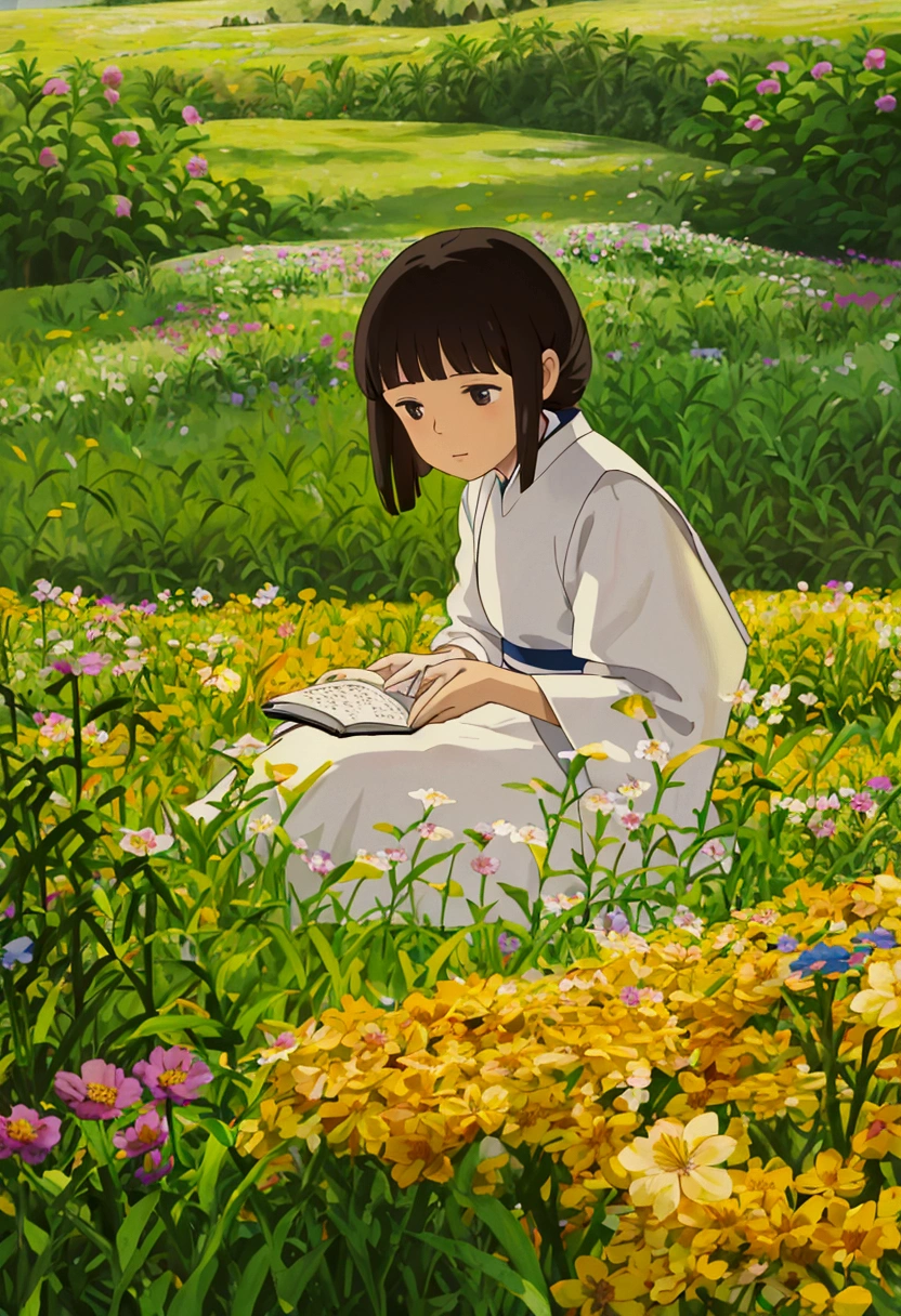 arafed woman sitting in a field of flowers reading a book, white hanfu, palace ， a girl in hanfu, girl sitting in a flower field, by Yang J, sitting in a field of flowers, in a field of flowers, in a cottagecore flower garden, hanfu, in a field with flowers, girl in flowers