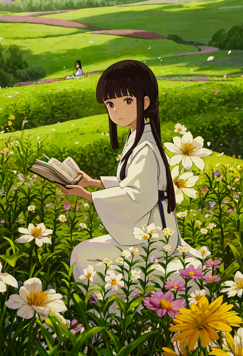 arafed woman sitting in a field of flowers reading a book, white hanfu, palace ， a girl in hanfu, girl sitting in a flower field, by Yang J, sitting in a field of flowers, in a field of flowers, in a cottagecore flower garden, hanfu, in a field with flowers, girl in flowers