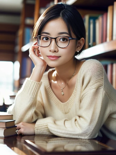   (8k, RAW photo, best quality, masterpiece), (photo realistic), outstanding details, ultra-high resolution, anatomically correct, textured skin, 

A cute 30-year-old Japanese woman, librarian arranging books in the library, 

(fearless smile:0.5),  
(Downturned Eyes:1.4), pupils sparkling,  thin lips, thin eyebrows, 
(half rim glasses), 
(lower chignon), short hair, dark brown hair, Forehead, 
off-white simple summer sweater, simple cotton flared skirt, 
Earrings, Necklace, 

(background Spacious library interior, bookshelves), 
(backlighting), 
reflection light from below, 
atmospheric perspective, depth of field, 
(dramatic lighting), cinematic lighting, 