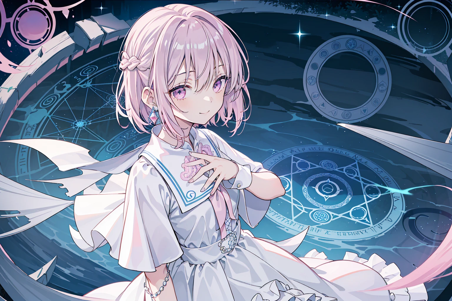 (best quality), (top-quality), (hight resolution), 8K images, (masterpiece), ((perfect face)), hair strand,Light skin, (((1girl))), (((solo))), beautiful fantasy anime, top rated on pixiv, ((short hair)), (expressive eyes), (perfect eyes), (((light_pink eyes))), (flat chest), perfect face, smiling, (white silver hair), braided bang, hair over eyes, earrings, lime collar shirt, lime bow, lime long dress, lime magic school uniform, star hair ornament, vintage style, starry night, fantasy, modern art, cool light --ar 3:2, (wide shot), lots of beautiful and delicate water, sit among the river, flower on river, explosive magic, (many magic circles with complex geometric patterns:1.5), magic splash, cast magic, gothiclolita, lime cape