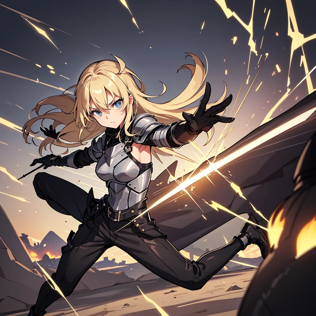 (Solo)、(Full body character concept)、Highest quality, Best Quality, Best illustrations, (((Grey Armor)))、(((Black trousers、Black gloves))、(woman、18-year-old)、(Blonde、Long Hair)、(Living in the desert)、(White background)、Run、(Grab the sword)、(attack、Same angle、Deathblow、sparks)、Fighting stance、From the back、(Close your eyes、Close your eyes)