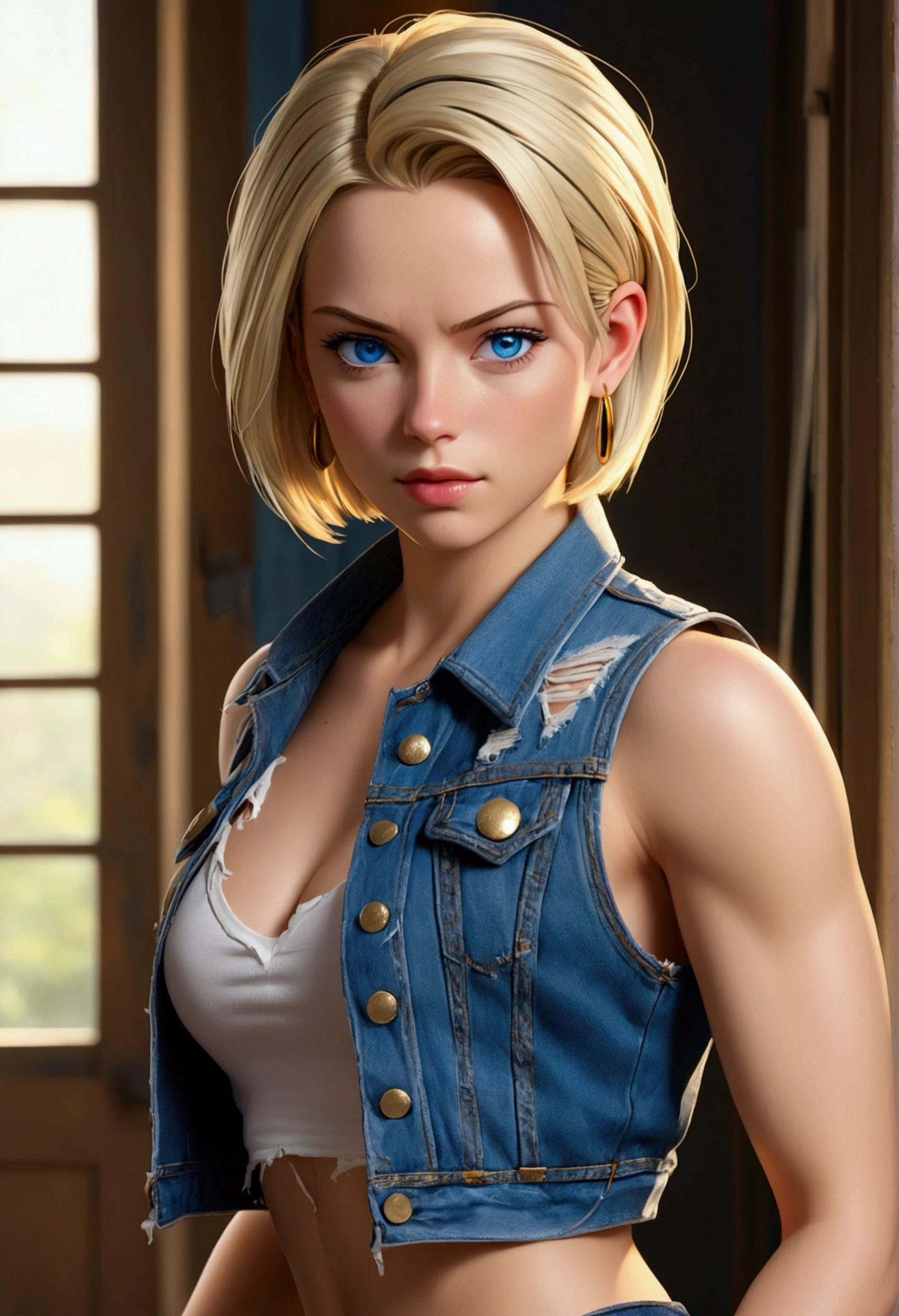 Woman in her 20s, (ANDROID_18), (perfect face), defined jaw, Beautiful lips, (short straight blonde bob hair), (beautiful bright blue eyes), (perfect ???????), athletic body, (????), (perfect hands), small simple gold earrings, (unbuttoned blue jean vest), (small black ?????), (ripped and torn clothes), (????, ???) (Full shot photography), photorealistic in a lit room.